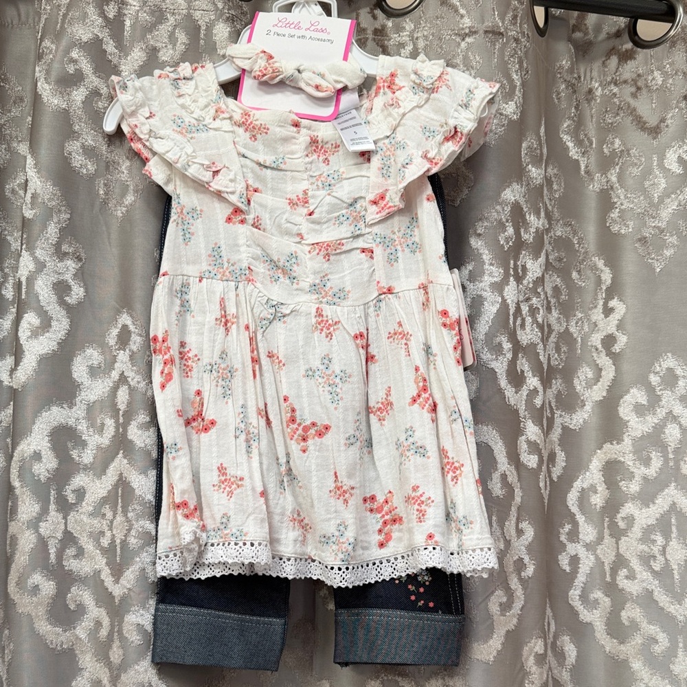 Little Lass Ruffled Floral Blouse and Pants Set with Bow Size 5